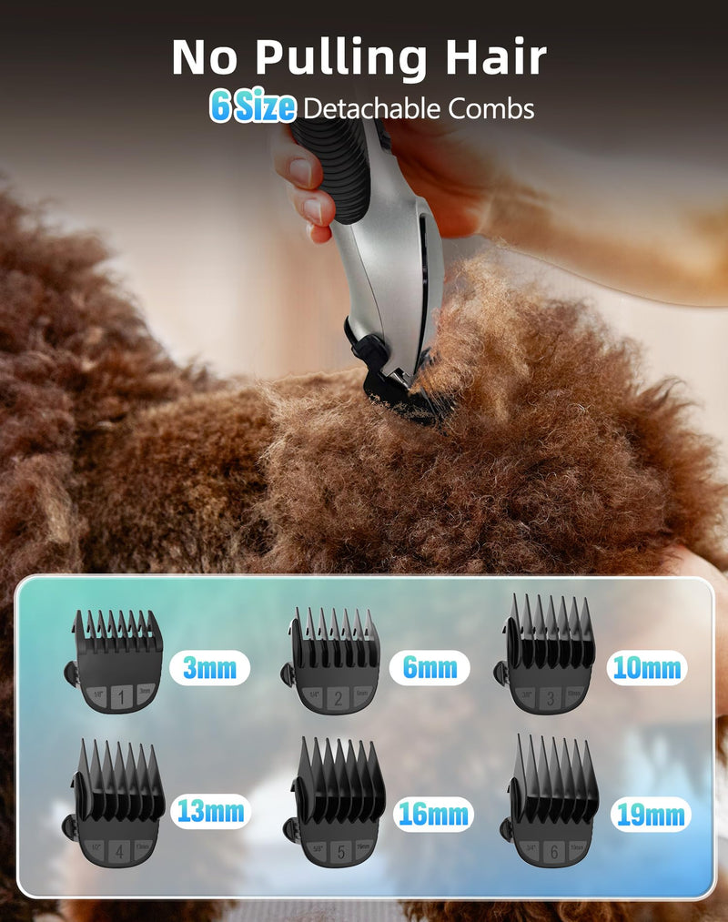 Dog Grooming Kit Low Noise,Cordless 4 in 1 Dog Clippers for Grooming Rechargeable Pet Cat Hair Trimmer with 2 Speed,6 Guards,Scissors,Comb for Small Medium Large Pets Dogs Cats Thick Hair Sliver Whisper-quiet Light Sliver