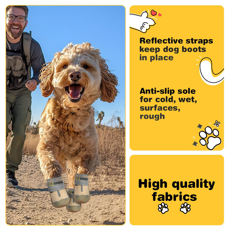 Hcpet Dog Shoes for Dogs, Dog Booties for Dogs, Anti-Slip Dog Boots & Paw Protectors for Hot Pavement Winter Snow Hiking with Reflective Straps Khaki Size 6, 4PCS Width 2.36 in - PawsPlanet Australia