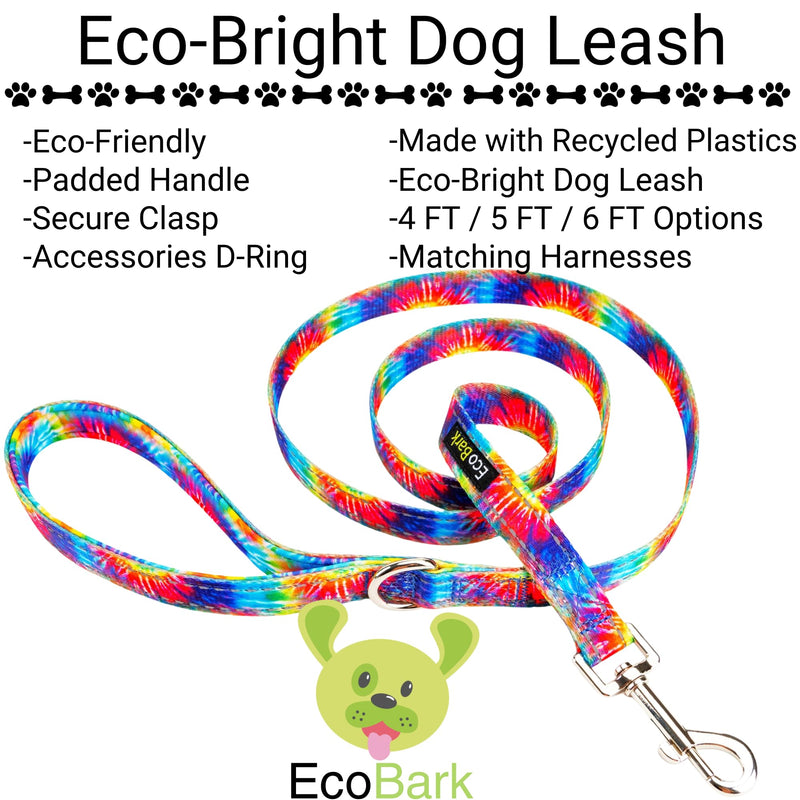 EcoBark Dog Leash - 4 FT / 5 FT / 6 FT Reflective Dog Leash- Eco-Bright Dog Leashes with Padded Handle - Strong Heavy Duty Dog Leash - Nylon Dog Leash for Small and Medium Dogs (Tie Dye Dog Leash) 5ft x 3/4 inch Tie Dye