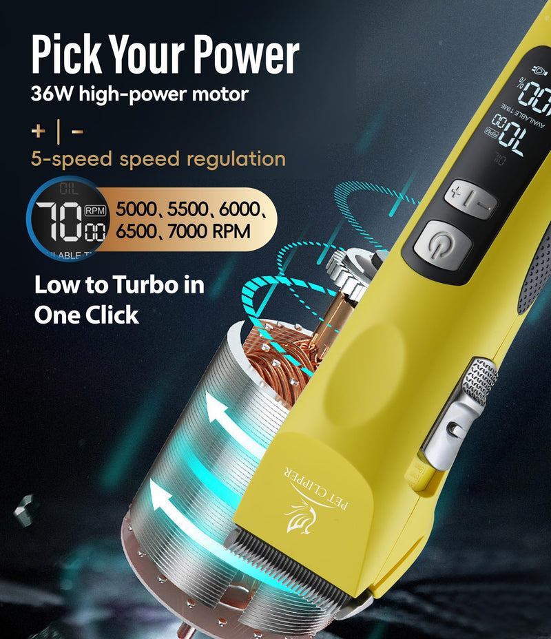 Professional Dog Grooming Clippers with 17H Runtime & Replaceable 440C Blade, 5-Speed Low Noise Electric Dog Shaver for Thick, Matted, Curly Hair, Cordless Clipper for Groomer & Home Use, Yellow Clipper+10FC Blade