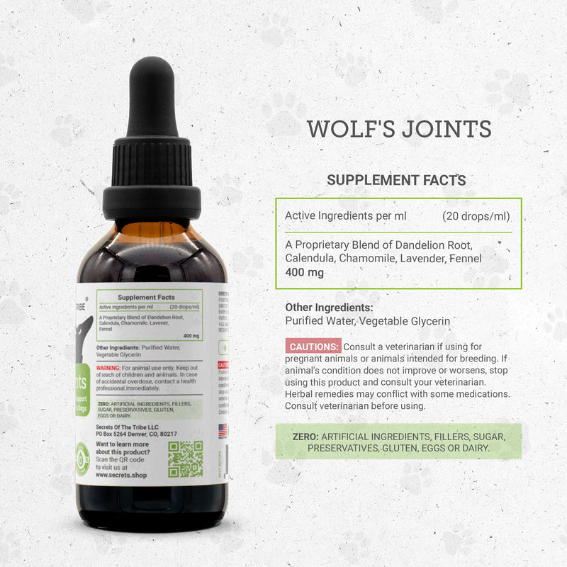 Wolf's Joints | Natural Herbal Dietary Supplement for Dogs | Healthy Joints Support in Dogs | Alcohol-Free Extract, Dandelion Root, Calendula, Chamomile, Lavender, Fennel 2 oz - PawsPlanet Australia