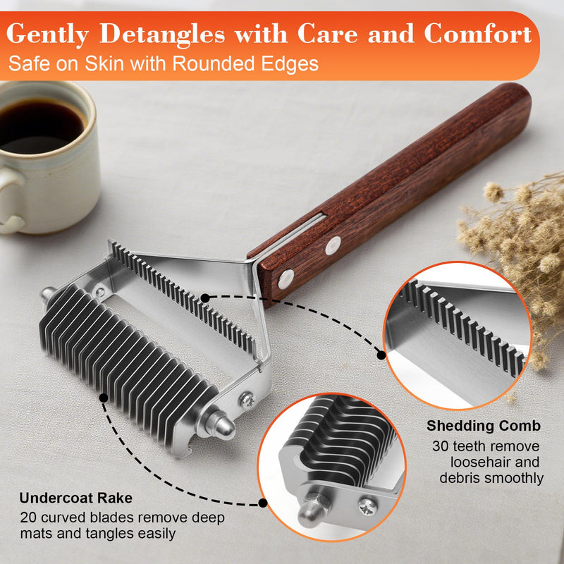 2 in 1 Horse Grooming Comb Mane Deshedding Tool Goats Cow Brush, Horse Brush Set with Leather Show Comb Holder,20 Stainless Blades and Wood Handle,Livestock,Pet - PawsPlanet Australia