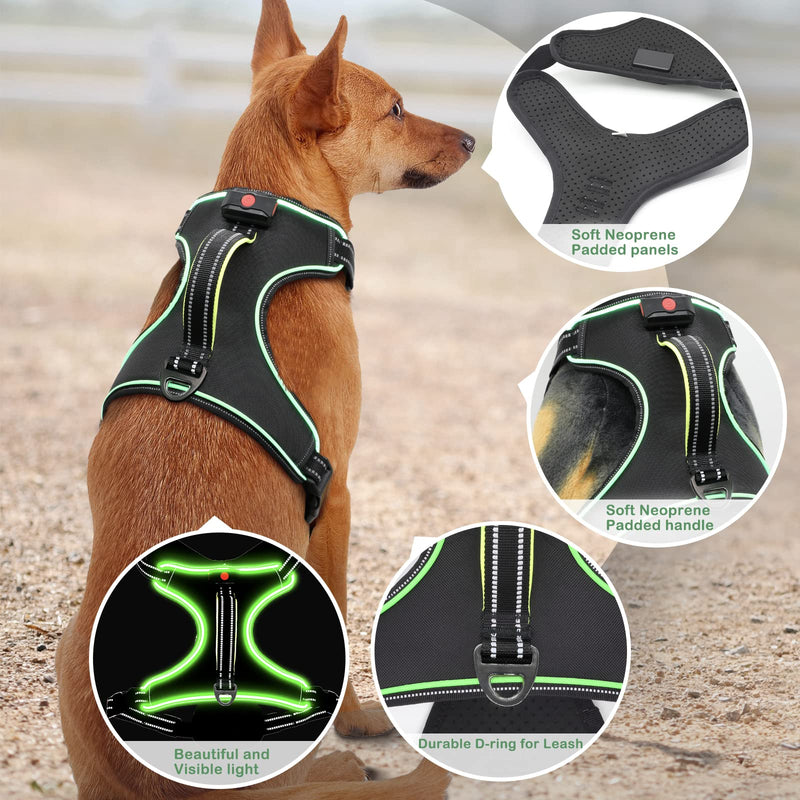 Light Up Dog Harness, No Pull LED Dog Harness with Handle, Rechargeable Lighted Safety Vest for Small Medium Large Dogs, Adjustable Soft Dog Lights for Night Walking Black-Green L - PawsPlanet Australia