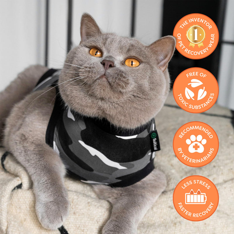 Suitical Recovery Suit for Cats - Spay and Neutering Cat Surgery Recovery Suit for Male or Female - Soft Fabric for Skin Conditions - XS, Neck to Tail 15.7-17.7 in, 18-24 in Chest - Black Camouflage