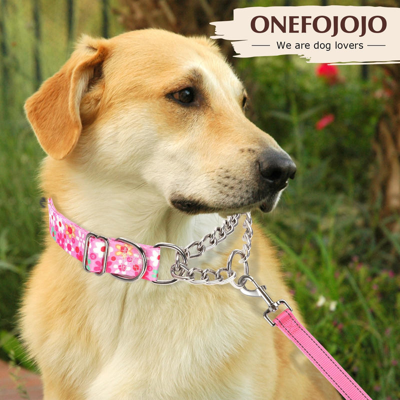 Martingale Collar for Dogs with Nylon & Steel Chain Limited Cinch Design, No Choke Dog Collar with Pink Flower Design, Adjustable No Pull Dog Collar, Great for Whippets, Greyhounds and More (M) 2 M