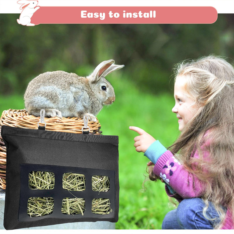 Rabbit Hay Feeder Bag, Upgraded Bunny Hay Bag, 6 Holes 600D Oxford Fabric Hay Holder Bag for Small Animal Guinea Pig Chinchilla Rabbit Cage by Rayfarmo,(Black) M-11"x13.8" Black-6h