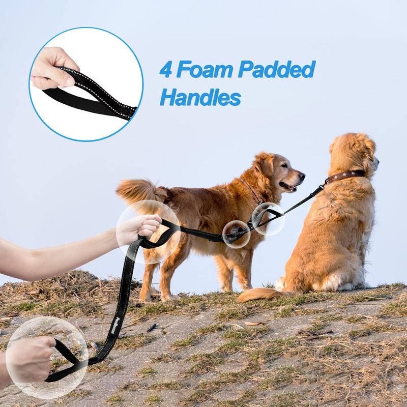 PetBonus Double Dog Leash, No Tangle Dual Dog Leash, Reflective Walking Training Leash, 4 Comfortable Padded Handles for 2 Dogs with Collapsible Bowl and Waste Bags (Black, Large) Black