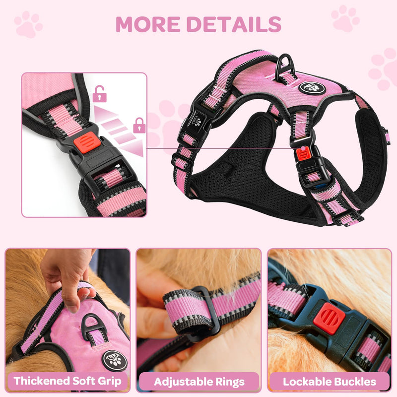 FURRYFECTION No-Pull Dog Harness Medium Dogs | French Bulldog Harness, Y-Shaped Reflective Oxford Vest with Padded Handle, Adjustable Straps & Front-Back Leash Clips, Training Collar and Lead Sets M Pink