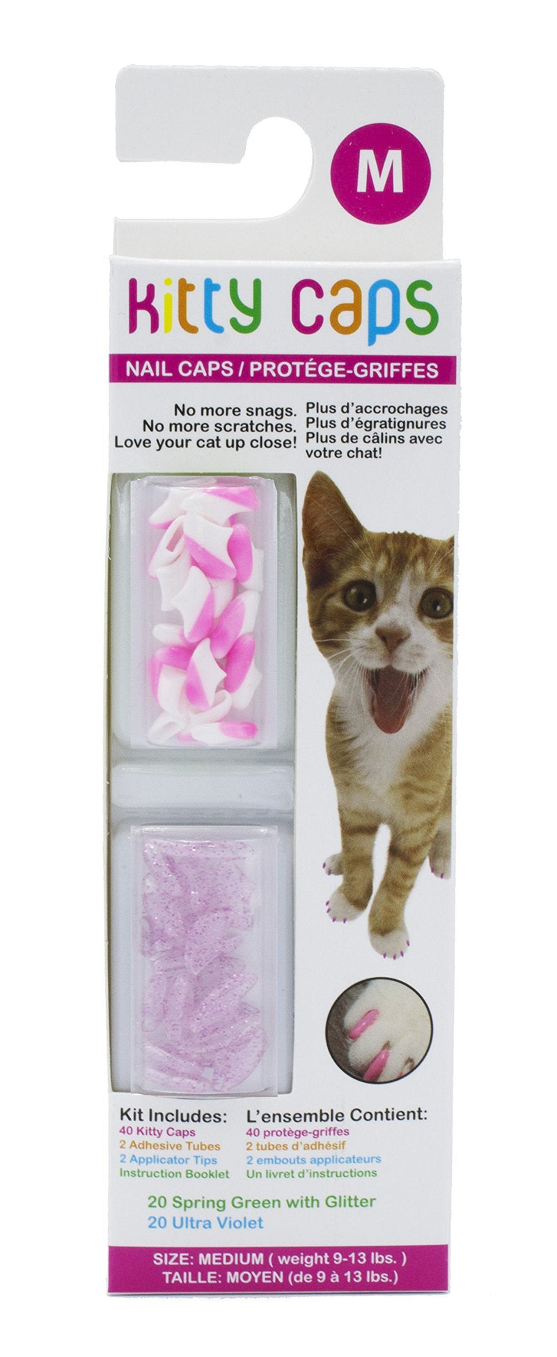 Kitty Caps Nail Caps for Cats | Safe, Stylish & Humane Alternative to Declawing | Stops Snags and Scratches, Medium (9-13 lbs), White with Pink Tips & Clear with Pink Glitter (Pack of 1) Medium (9-13 lbs) 1-Pack - PawsPlanet Australia