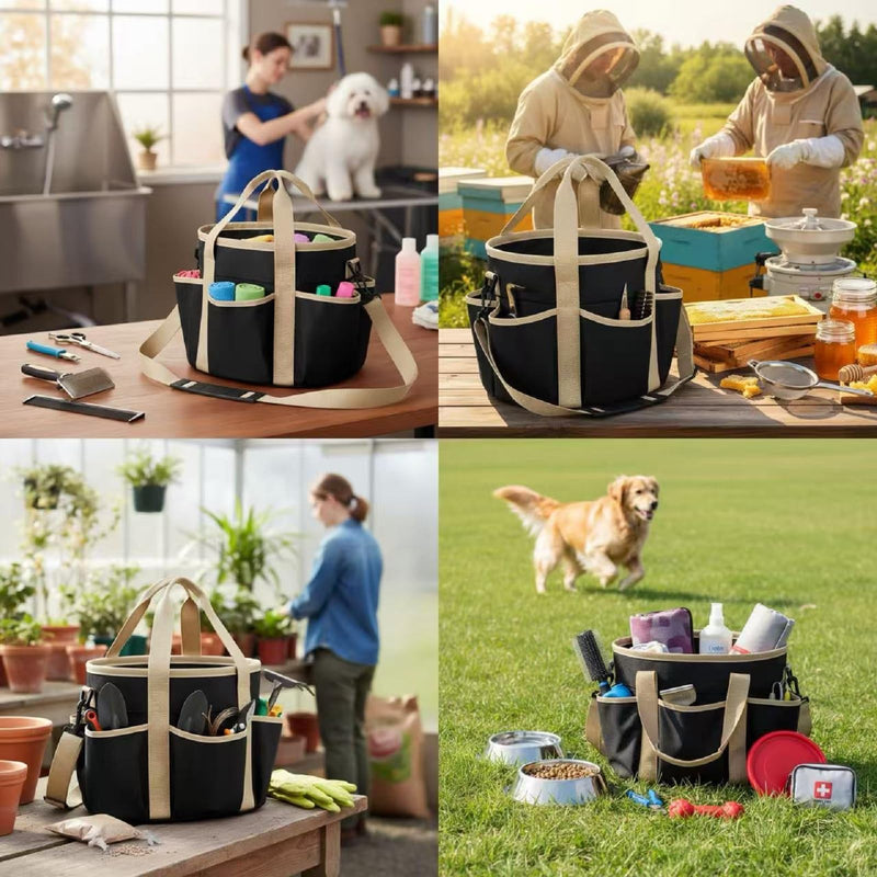 Abbylike Grooming Tote Bag for Horses and Dogs Organize Tack Tools Equestrian Grooming Kit Care Portable with Multiple Pockets for Supplies (Stylish,10.63 x 10.63 x 9.45 Inch,Khaki and Black) Khaki and Black 10.63 x 10.63 x 9.45 Inch Stylish - PawsPlanet Australia