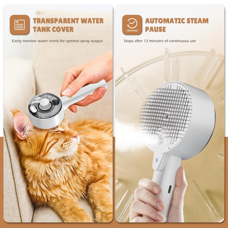 Cat Steam Brush,Cat Brushes for Indoor Cats, 4 In 1Spritz Spray Defur Comb, Cloud Care Shedding Control, Pet Grooming Brush for Long Short Hair Cats Dogs, Massage Clean Design Pet Steam Brushes White