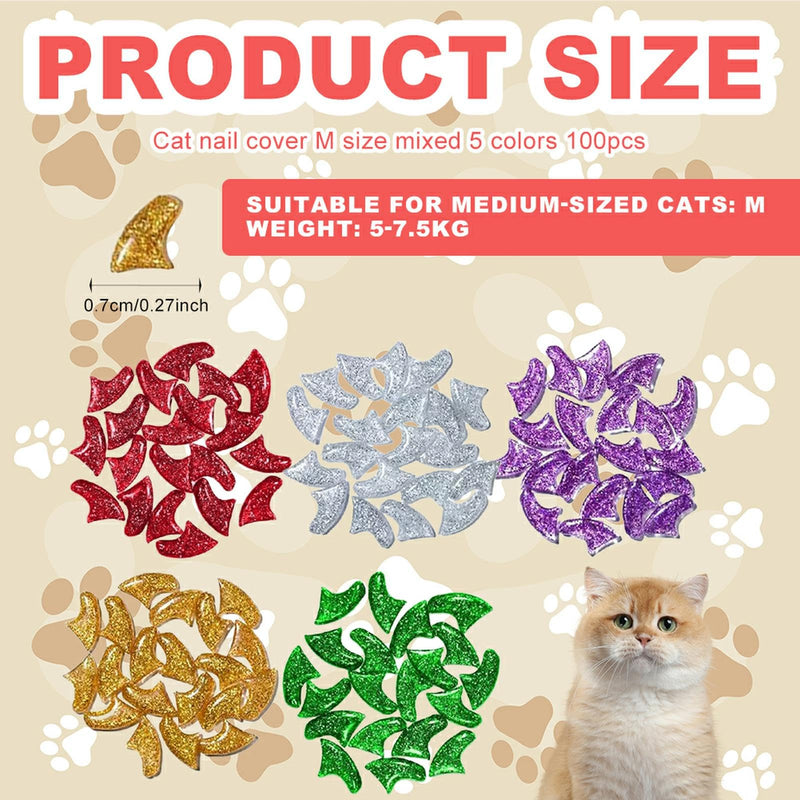100Pcs Cat Nail Caps, 5 Colors Glitter Kitten Nail Caps with Adhesives and Applicators, Long-Lasting, Kitten Claw Caps for Medium Pets Cats Dogs, Cat Claw Caps for Protect Furniture Avoid Scratching - PawsPlanet Australia