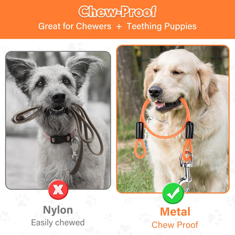 Chew Proof Dog Leash Extender, 24'' Wire Rope Extension for Small, Medium, Large Dogs, Walking, Training Puppies, Dual 2-Dog Leash, Metal Cable Lead for Collar & Harness Orange - PawsPlanet Australia