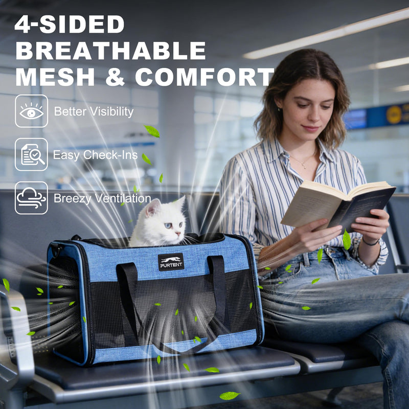 TSA Approved Pet Carrier for Kitten and Puppy, Cat Carrier Soft Fits Pets up to 13 lbs, Dogs Travel Bag with Bowl Foldable, Ideal for Travel, Car Rides, and Vet Visits (Blue, Cat Bowl Set) Blue - PawsPlanet Australia