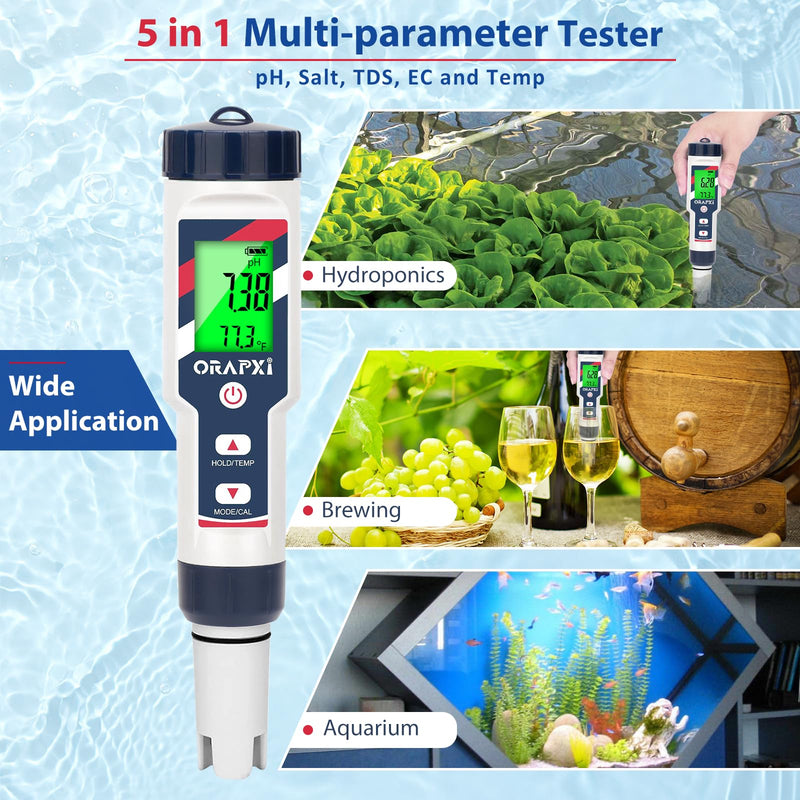 pH Salinity Tester 5 in 1 pH SALT TDS EC Temp Meter for Hydroponic System Saltwater Pool pH and PPM Meter Water Tester for Indoor Plant Grow, Hot Tub, Spa, Aquarium, Home Brewing Blue - PawsPlanet Australia