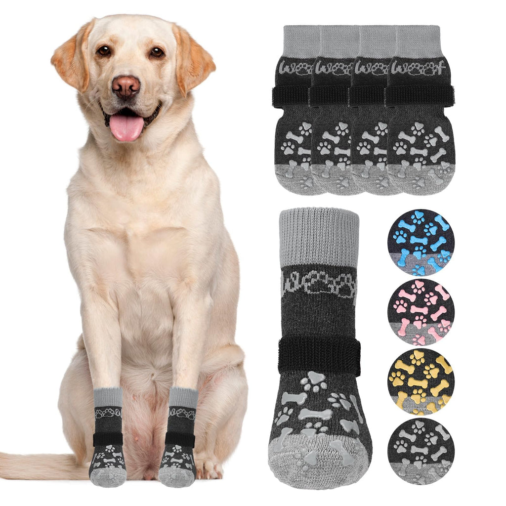 KOOLTAIL Dog Socks for Hot/Cold Pavement to Prevent Licking Paws,Dog Boots&Paw Protector for Hardwood Floors Anti Slip,Traction Control No Twist Grip Booties for Small Medium Large Senior Dogs L Large (4 Pack) Grey