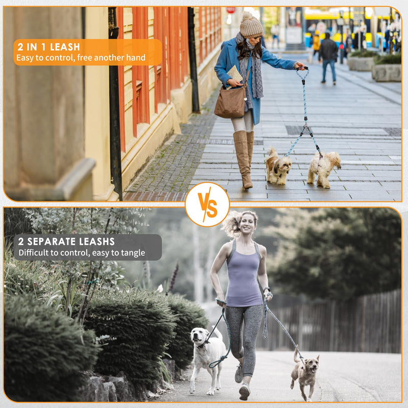 Double Dog Leash for Two Dogs - Detachable 360° Swivel, No Tangle Leash with Reflective Strips for Walking and Training Small Medium and Large Dogs, S/8-45ibs, Blue S/8-45 ibs - PawsPlanet Australia