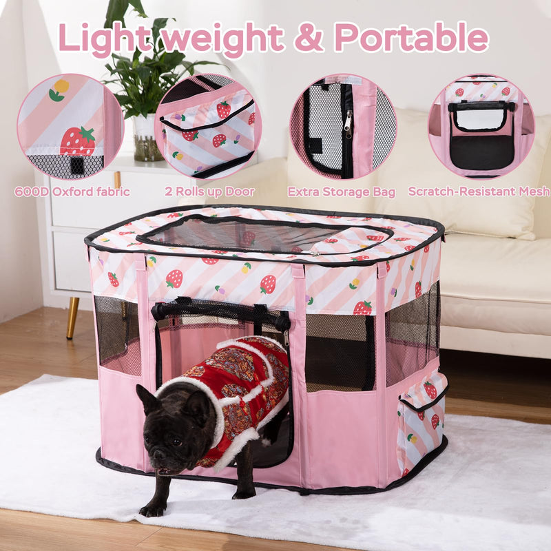 Portable Pet Cat Playpen,Cat Cages Indoor Collapsible Dog Crates Tent Kennel Playpen for Dogs Cat and Rabbit Travel Dog Playpen Indoor & Outdoor (Small?27.6" L x 21.7" W x 17.7" H?, Pink) Small?27.6"L x 21.7"W x 17.7"H?
