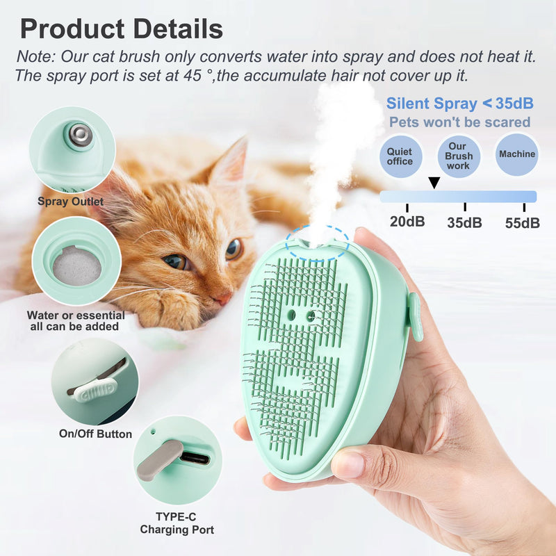 Cat Steam Brush for Shedding,Self Cleaning Cat Brush with Steam,Rechargeable Pet Steam Brush,Mist Brush Comb for Indoor Cats,Cat Hair Brush,Steamy Cat Brush for Short&Long Haired Pets.(Green) Green - PawsPlanet Australia