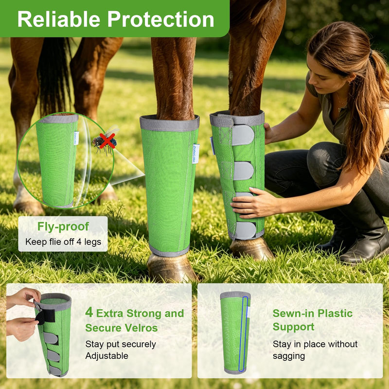 Reflective Horse Fly Boots Set of 4, Breathable Adjustable Equine Fly Leg Wraps for Horses, Universal Fit Loose Fitting Leggings with Stay Put Design (Green) Green