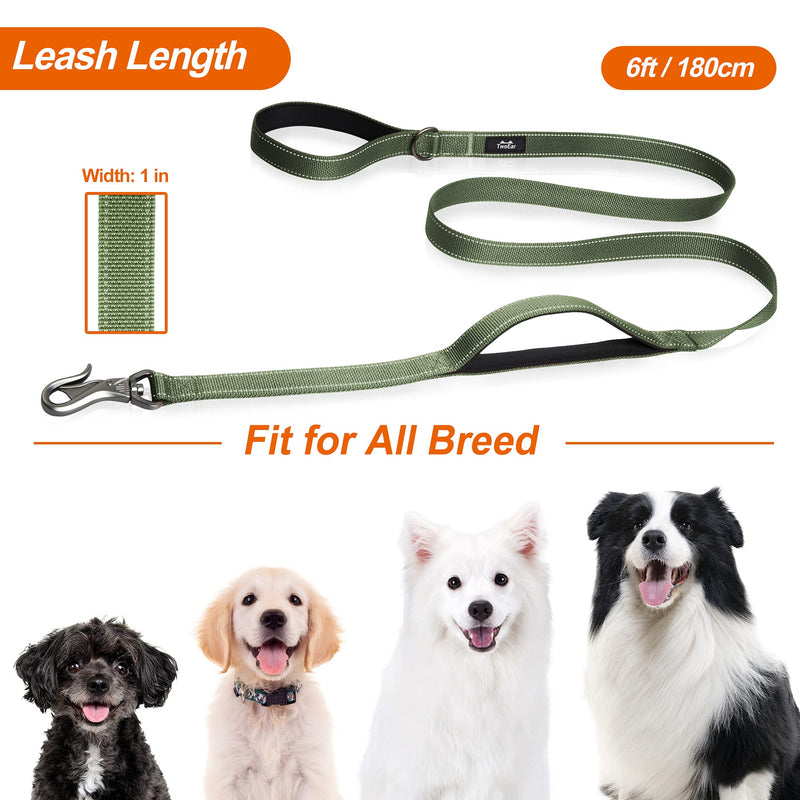 TwoEar 6FT 1IN Strong Green Dog Leash with 2 Padded Handles, Traffic Handle Extra Control, Comfortable Soft Dual Handle, Auto Lock Hook, Reflective walking Lead for Small Medium and Large Dogs 1 in x 6 ft