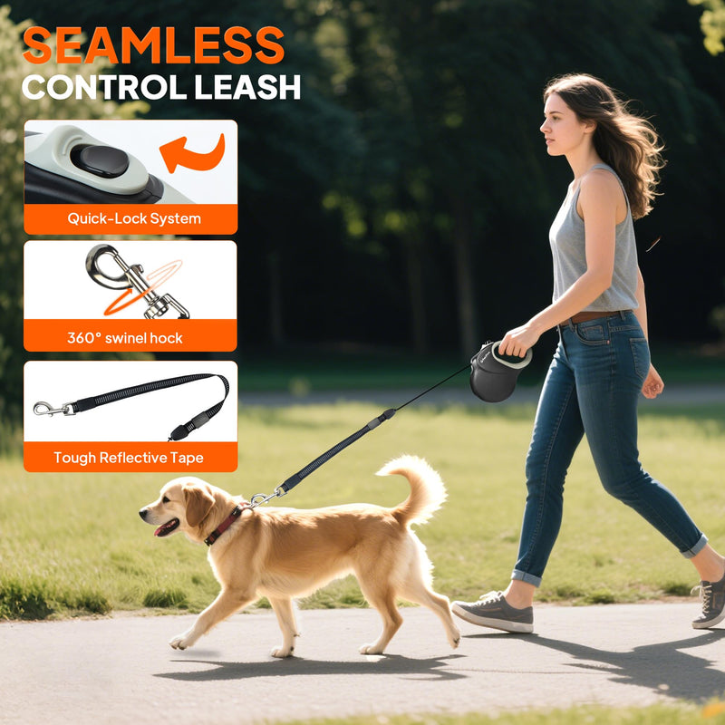 Twoear 30FT Retractable Dog Leash for Medium & Large Dogs up to 110 LBS - Heavy Duty Tangle-Free Long Leash with One-Hand Brake, Anti-Slip Handle & Smooth Retraction - Black 0-110 lbs