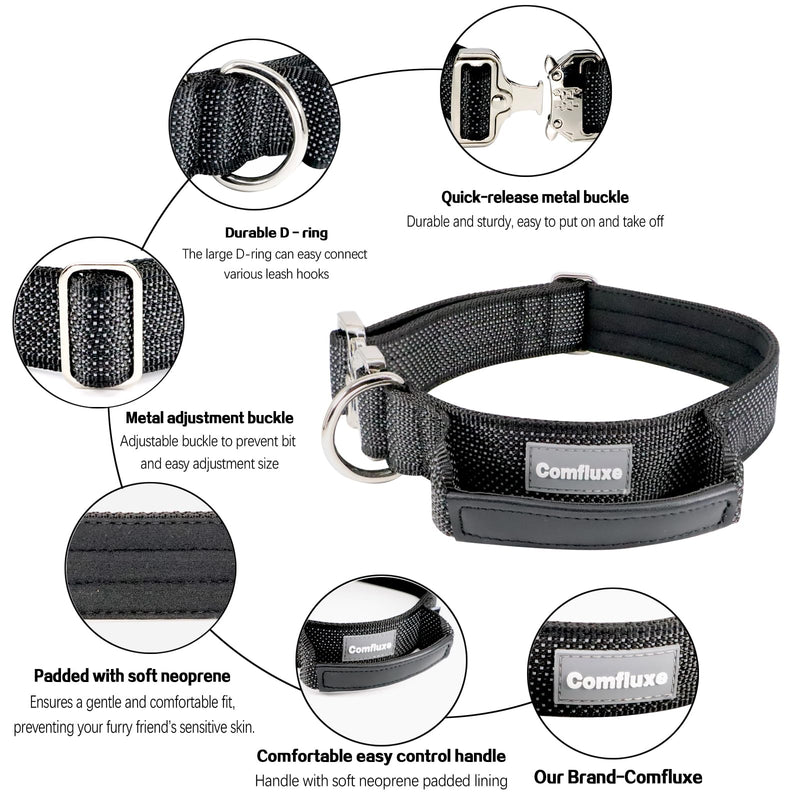 Upgrade Reflective Tactical Military Dog Collar with Leather Handle & Neoprene Padded for Medium Dogs, Wide Thick Heavy Duty Dog Collar with Quick Release Metal Buckle for Training (Black, M) Black M (13”-18”) - PawsPlanet Australia