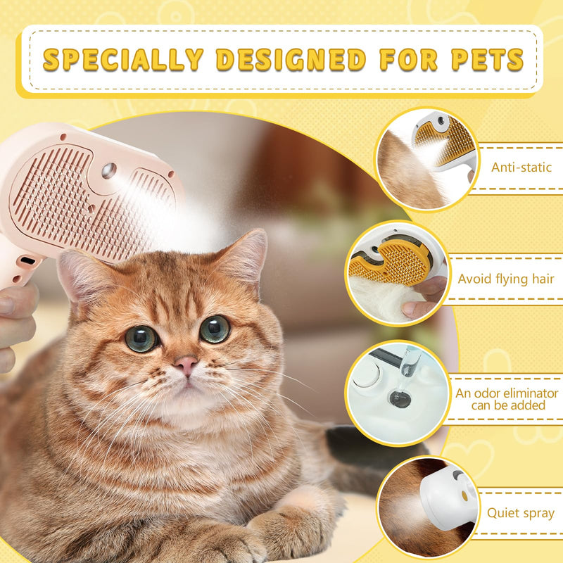 Cat Steam Brush for Grooming, Magic Wand for Pet Hair, Dog Steam Grooming Brush, 3 in 1 Massage Brushes with Handle, Suitable for Most Long and Short-Haired Pets, with a Flea Comb Pink
