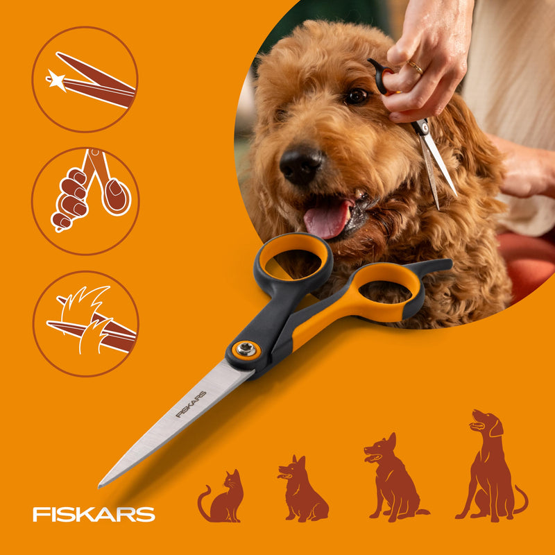 Fiskars Pet, Dog & Cat Grooming Scissors, Precision Stainless Steel Blades & SoftGrip Handle, Cat and Dog Supplies, 6.75”, Orange/Black, Trimming Scissors - PawsPlanet Australia
