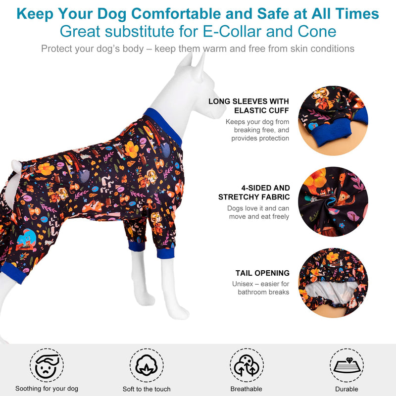 LovinPet Full Onesie for Large Dog, Lightweight Stretchy Fabric, Woodland Musicians Black Print, Pet Pajamas for Dogs, UV Protection, Lage Breed Dog Jammies, Pet PJ's, Pitbull Clothes, Large Black Blue - PawsPlanet Australia