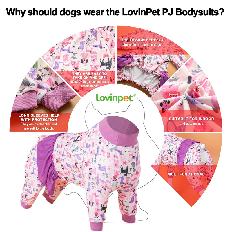 LovinPet Long Sleeve Onesie for Large Dogs, High Collar Cotton Dog Shirt, Anti-Shedding, Lightweight Stretchy Knit, Stop Shedding for Dogs, Pink Puppy Print, Shirt for under dog dresses, Pet Pj's, 2XL XX-Large Pink Purple