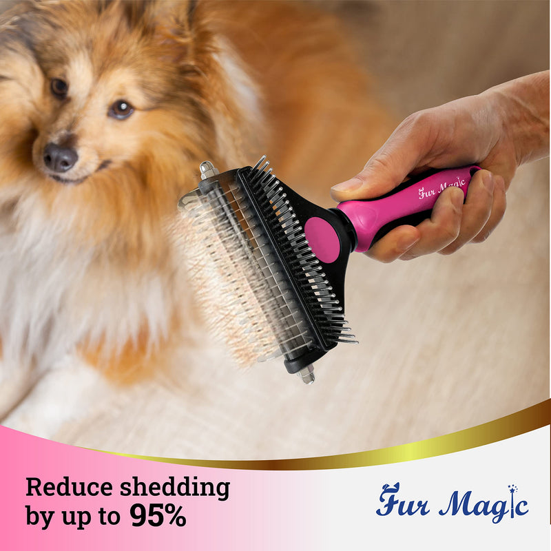 Fur Magic Deshedding and Dematting Comb Double Sided Undercoat Rake Pet Grooming Brush Removing Mats, Knots & Tangles for Dogs and Cats with Long and Medium Hair, Pink