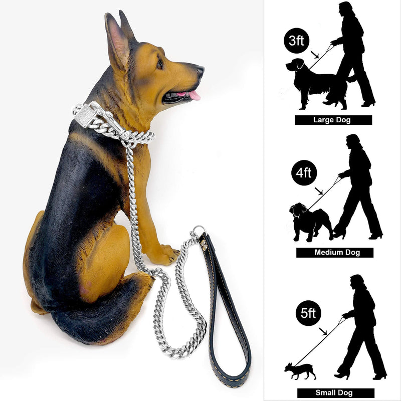 PRADOG Chain Dog Leash Metal Chew Proof 12MM Heavy Duty Pet Leash Chain with Leather Padded Handle for Large Medium Small Dogs(Totally Length of 5ft) 5.0 FT( For S, M Dog) - PawsPlanet Australia
