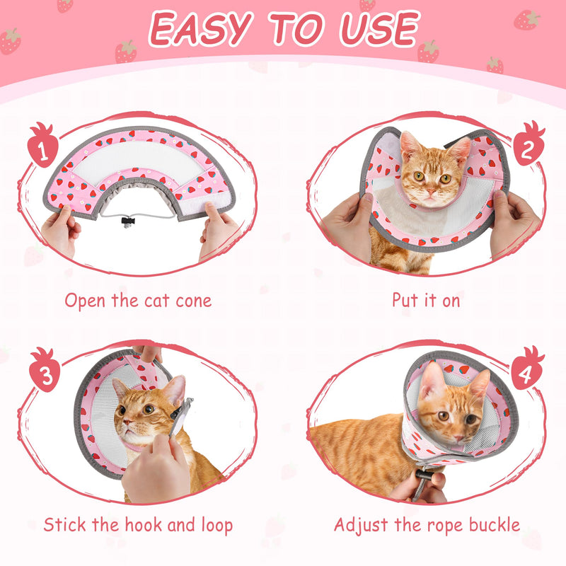 Cat Cone Collar Soft - Adjustable Cat Recovery Collar Kitten Lightweight Elizabethan Collar to Stop Licking Pet E Cone for Small Medium Cats After Surgery Prevent from Licking Wounds (Pink, M) Strawberry M