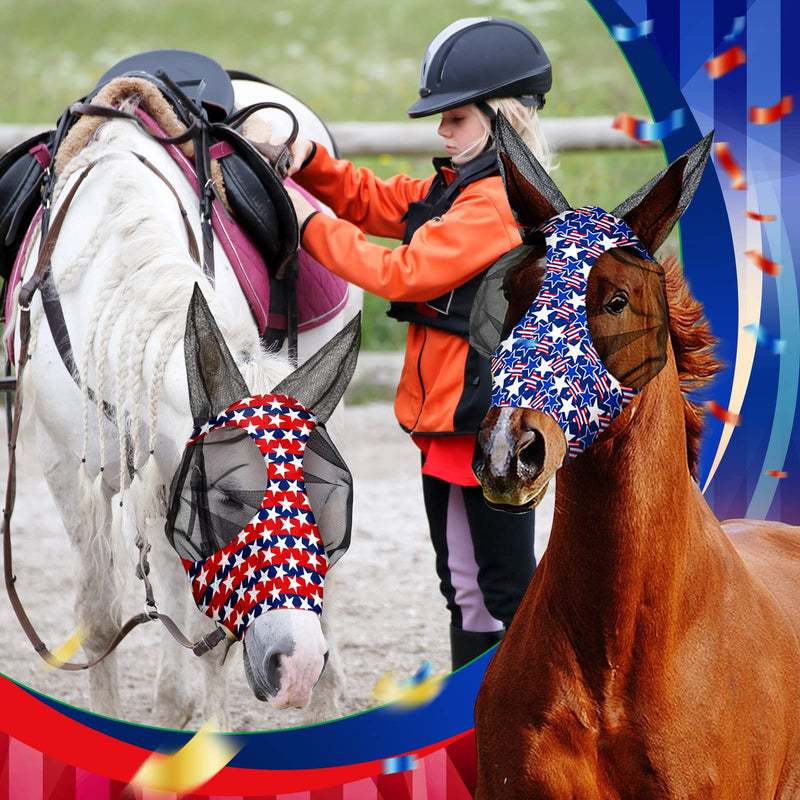 Chunful 6 Pcs 4th of July Horse Fly Masks with Ears 250th Anniversary Fly Masks Comfort Stretchy UV Protection American Flag Stars Breathable Mesh for Memorial Day Horse Supplies(Large) Large