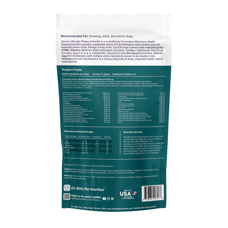 Dr. Bill’s Canine Ultimate Fitness & Health Vitamins for Dogs | Multivitamin for Dogs w/Coenzyme Q-10, Vitamin E, Vitamin D-3, Biotin, Folic Acid, Hyaluronic Acid Dog Vitamins and Supplements 340g 340 Grams