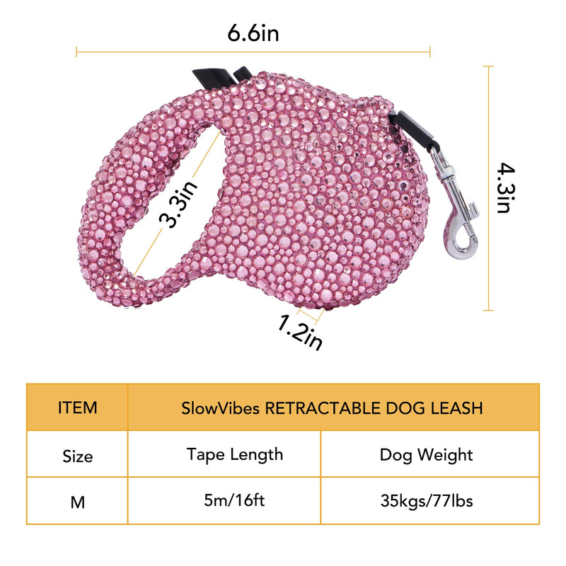 Sparkle Retractable Dog Leash,Pink Rhinestone Pet Walking Leash for Small Medium Dog Cat,Bling Small Puppy leash,Durable 16 ft Strong Nylon Tape,360°Tangle-Free,One-Handed Brake, Pause, Lock - PawsPlanet Australia