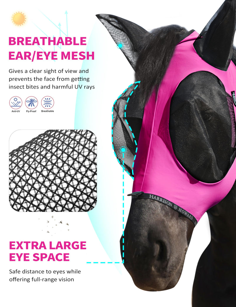 Harrison Howard Horse Fly Mask with Forelock Opening Stretch Breathable and Comfortable for Horses UV -Protection Fuchsia M