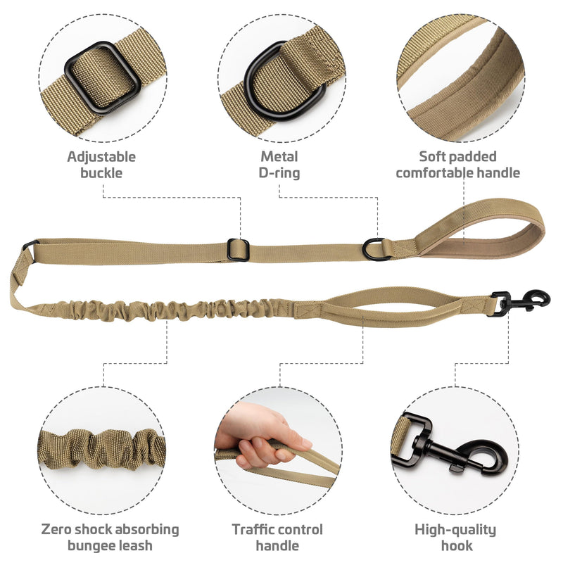 Forestpaw Tactical Dog Leash for Large Dogs,Heavy Duty Bungee Dog Leash with Shock Absorption,2 Padded Handles for Training Running Walking,Adjustable 4-5FT,Khaki Khaki Length:4-5FT,Width 1"