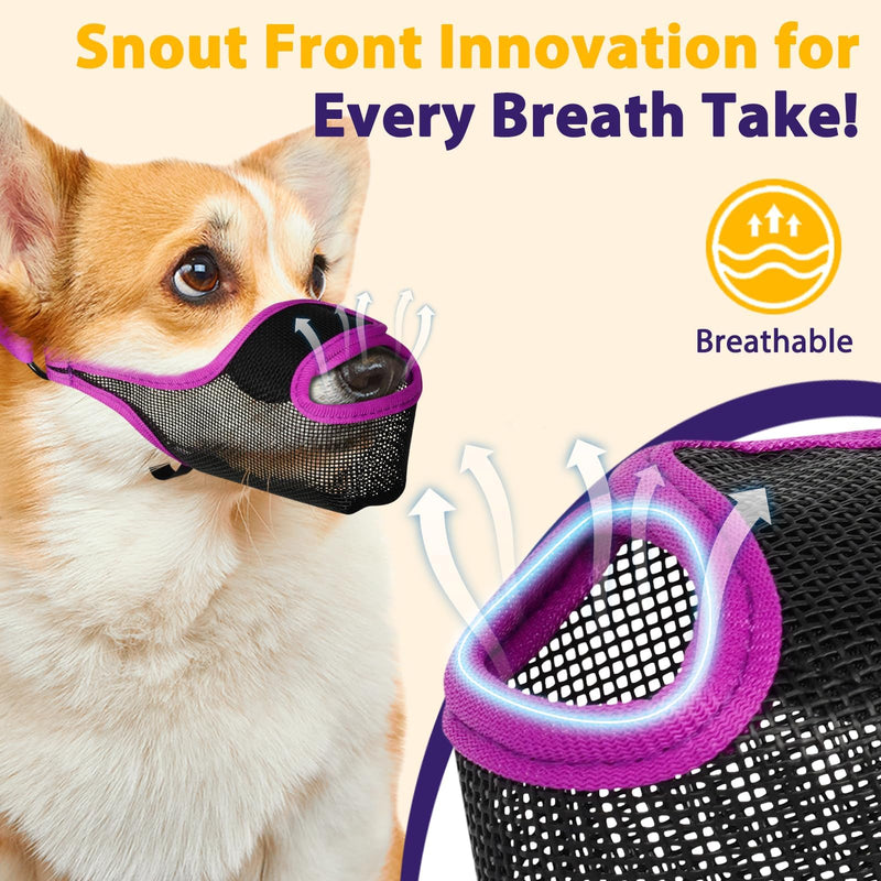 LUCKYPAW Dog Muzzle, Mesh Muzzle for Large Medium Small Dogs with Front Opening Design, Dog Mouth Cover to Prevent Biting, Licking, Chewing, Scavenging, Allows Drinking Panting(Purple,S) Purple S-Snout:7¾-8¾"