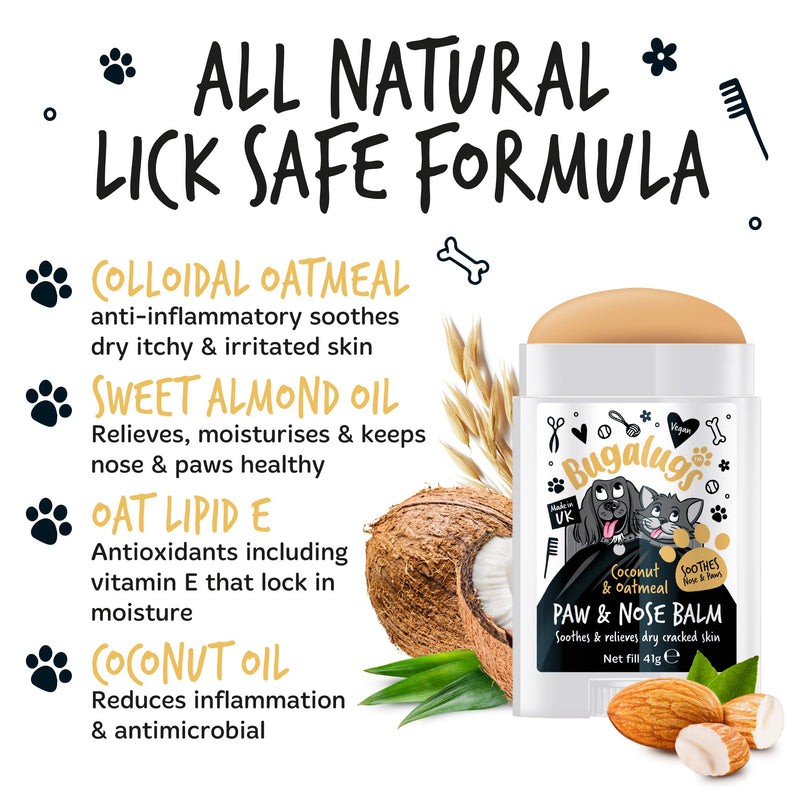 BUGALUGS Dog nose balm, Natural lick safe Paw balm for dogs contains Oatmeal, Dog paw cream Vegan formula nose balm for dogs helps and soothes itchy skin(Coconut & Oatmeal 41g) Coconut & Oatmeal 41g