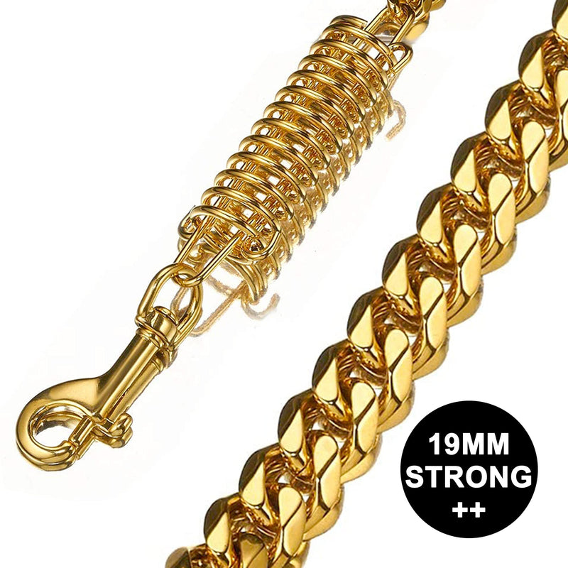 Pradog Dog Chain Leash Dog Heavy Duty Strong Chew Proof 19mm 2ft 3ft 4ft 18K Gold Chrome Stainless Steel Cuban Link Chain Labor-Saving Spring with Leather Handle for Medium Large Dogs(3FT) 3.0 FT ( For S, M, L Dog) - PawsPlanet Australia