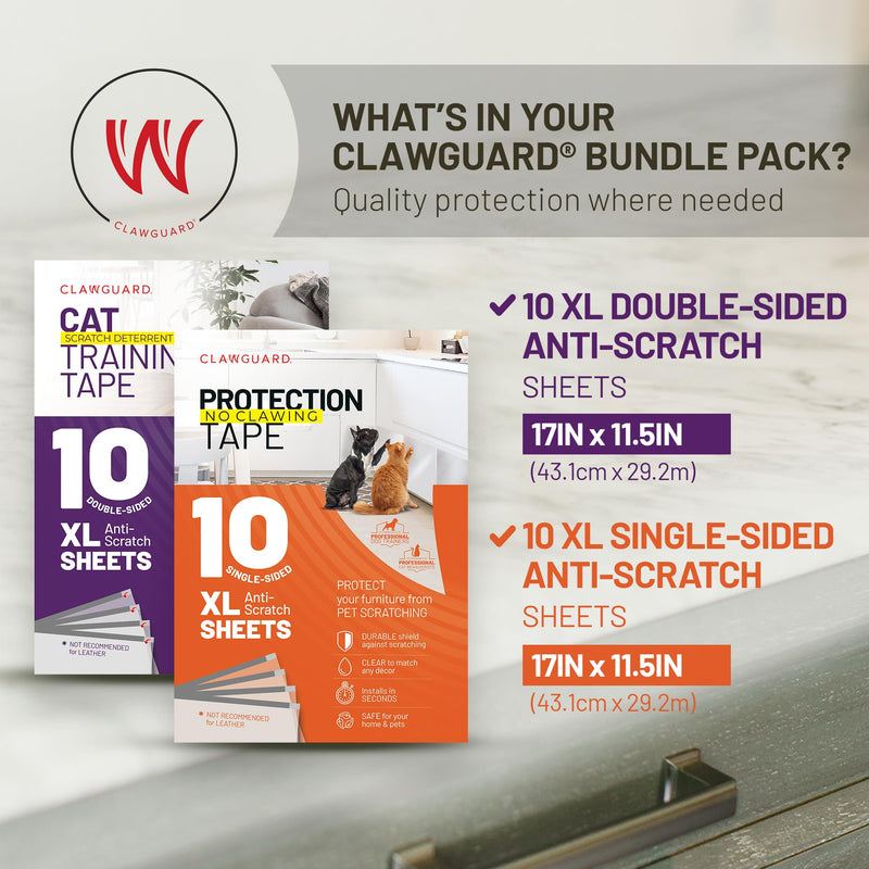 CLAWGUARD Bundle Pack – Dog Scratch Protection Tape Single-Sided 10 Pack Sheets and Cat Training Tape Anti Scratch Deterrent Double-Sided 10 Pack Sheets. Dog & Cat Furniture Protector Pack - PawsPlanet Australia