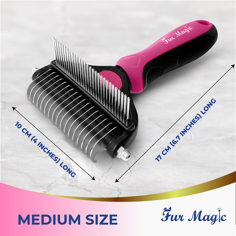 Fur Magic Deshedding and Dematting Comb Double Sided Undercoat Rake Pet Grooming Brush Removing Mats, Knots & Tangles for Dogs and Cats with Long and Medium Hair, Pink