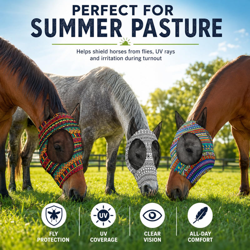 Qualirey 8 Pcs Fly Masks with Ears UV Protection Elastic Horse Face Cover Breathable Mesh for Riding Stable Pasture Supplies(Large,Geometric) Large Geometric