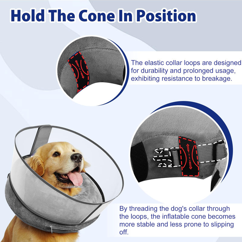 BARKLESS Inflatable Dog Cone Collar, Soft Dog Donut Collar After Surgery, 2-in-1 Dog Cone Alternative with Detachable Anti-Licking Shield, Soft Cone for Dogs Does Not Block Vision L Grey