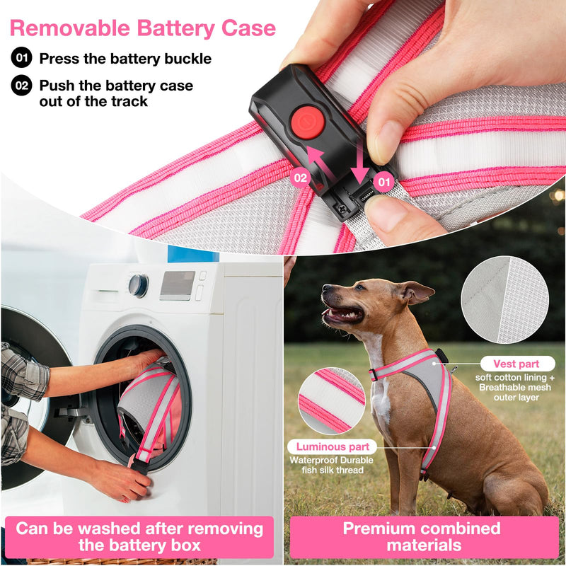 ChalkLit Light Up Dog Harness, No Pull Led Dog Harness Glow-in-The-Dark for Night Walking, USB Rechargeable Lighted Safety Vest for Medium Large Dogs, Adjustable Soft Mesh Fully Illuminated (Pink, M) Pink - PawsPlanet Australia