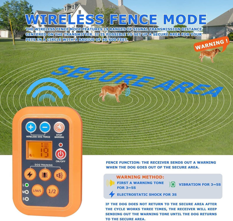 DOTSTAR Wireless Dog Fence Training Barking 3-in-1 Pet Collar System, Dog Training Fence Electric Container, Remote Automatic Voice-Activated No Barking Device, Waterproof Wireless Charging Collar For 1 Dog Orange