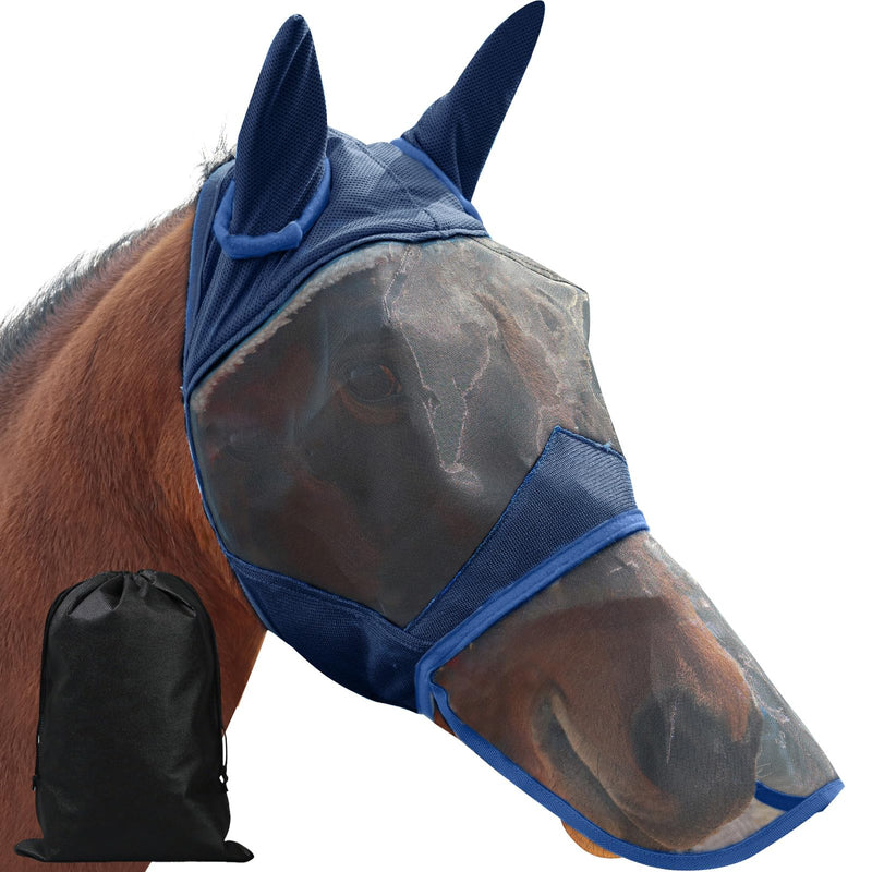 Full Face Long Nose Fly Mask with Ears Protection Maximum Coverage UV Shield for All Day Pasture and Turnout Use (Navy) Navy