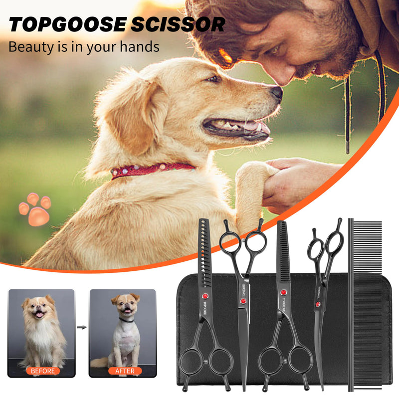 TOPGOOSE Dog Grooming Scissors Kit, Professional 6 in 1 Pet Scissors Sharp Shears Set - Straight, Thinning, Chunker, Curved Shears and Comb for Long Short Hair for Dog Cat (Set, Black) - PawsPlanet Australia